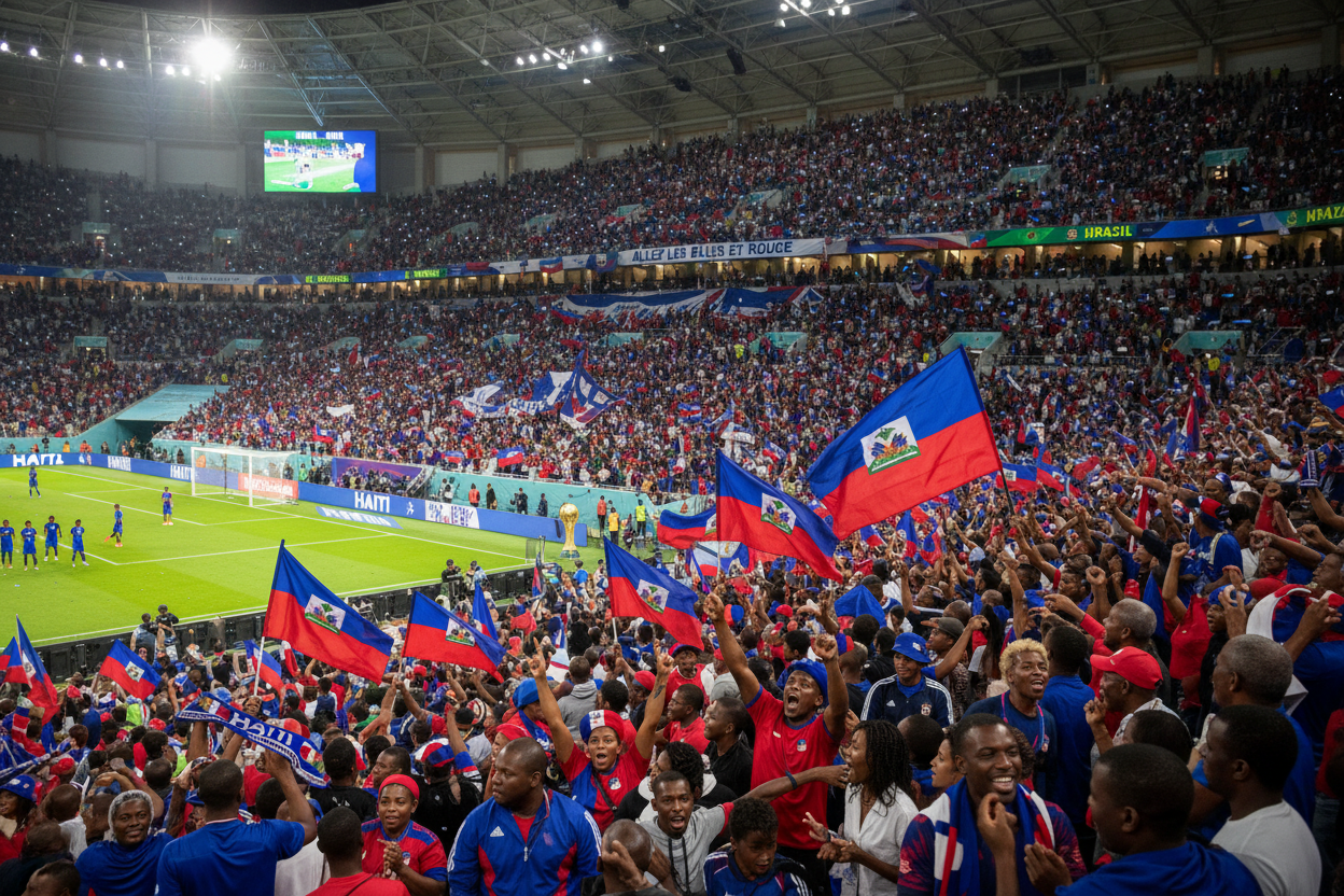 A soccer stadium full of Haitians wearing blue and red rooting for their national team playing in the world cup